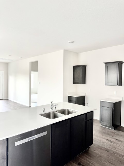 A modern kitchen with black cabinets and a white countertop.