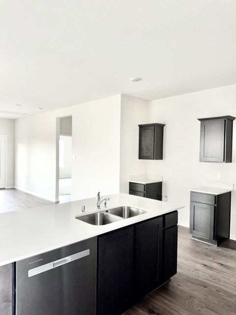 A modern kitchen with black cabinets and a white countertop.
