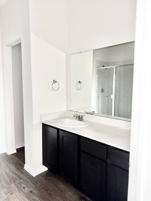 A bathroom with a sink and mirror.