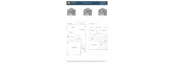 A drawing of a house with three different views and a floor plan.