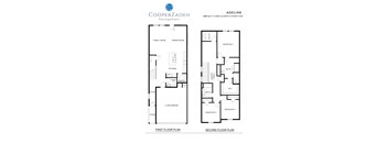 A floor plan for a two-story home with two bedrooms, two bathrooms, a garage, and a pantry.