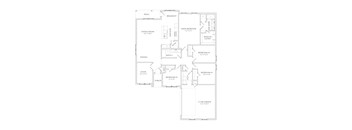 A floor plan of a house with a living room, dining room, study, two bedrooms, a garage and a patio.