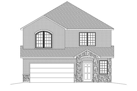A black and white drawing of a house with a garage.