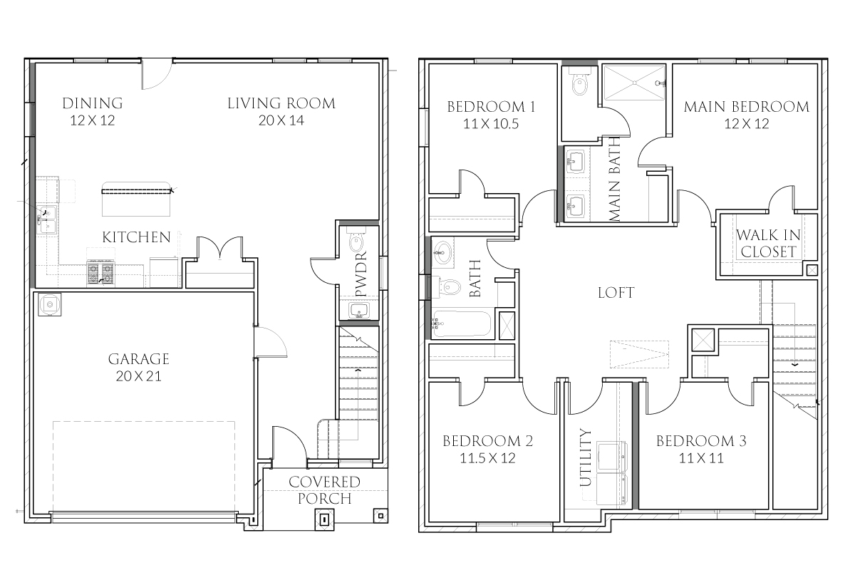 A floor plan of a house with a garage and three bedrooms.