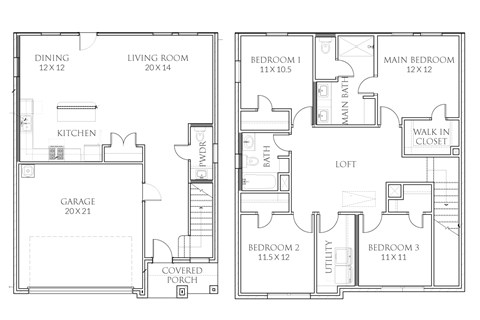 A floor plan of a house with a garage and three bedrooms.