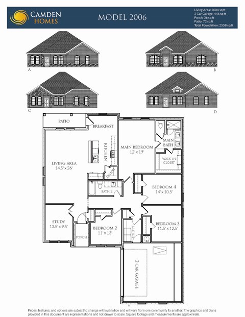 A floor plan for a home by Camden Homes is shown with labeled rooms and dimensions.