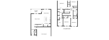 A black and white image of a two floor house plan.