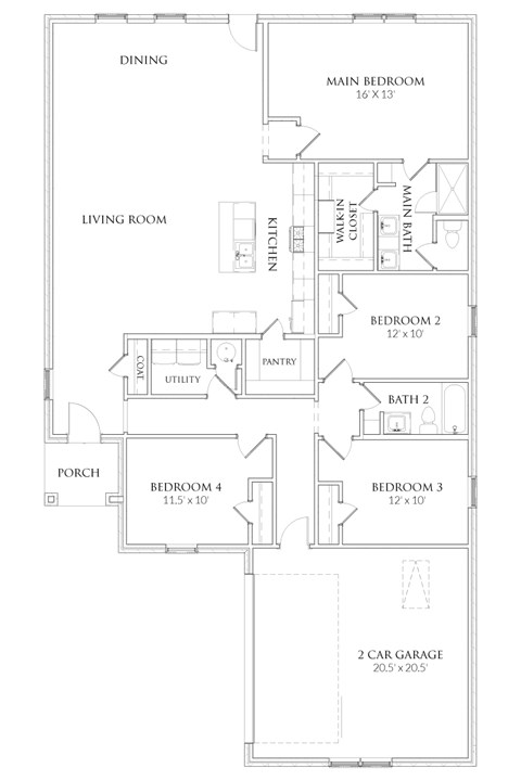 A floor plan of a house with a dining area, main bedroom, living room, and two car garages.