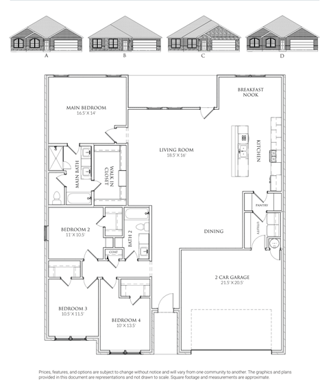 A floor plan of a house with four bedrooms and a garage.