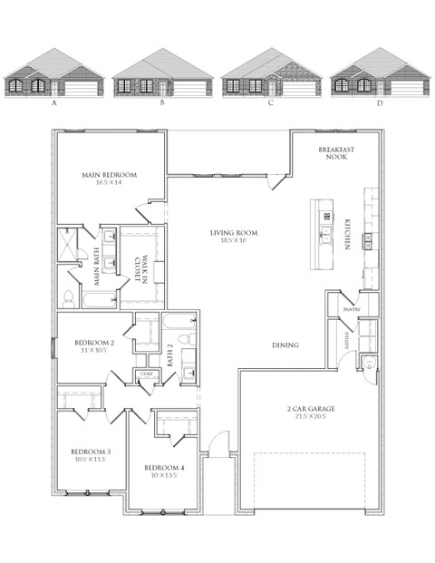 A floor plan of a house with four bedrooms and a garage.