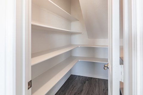 A white pantry with shelves and a wooden floor.