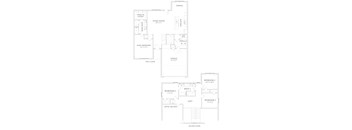 A floor plan of a house with a living room, two bedrooms, a garage, and a loft.