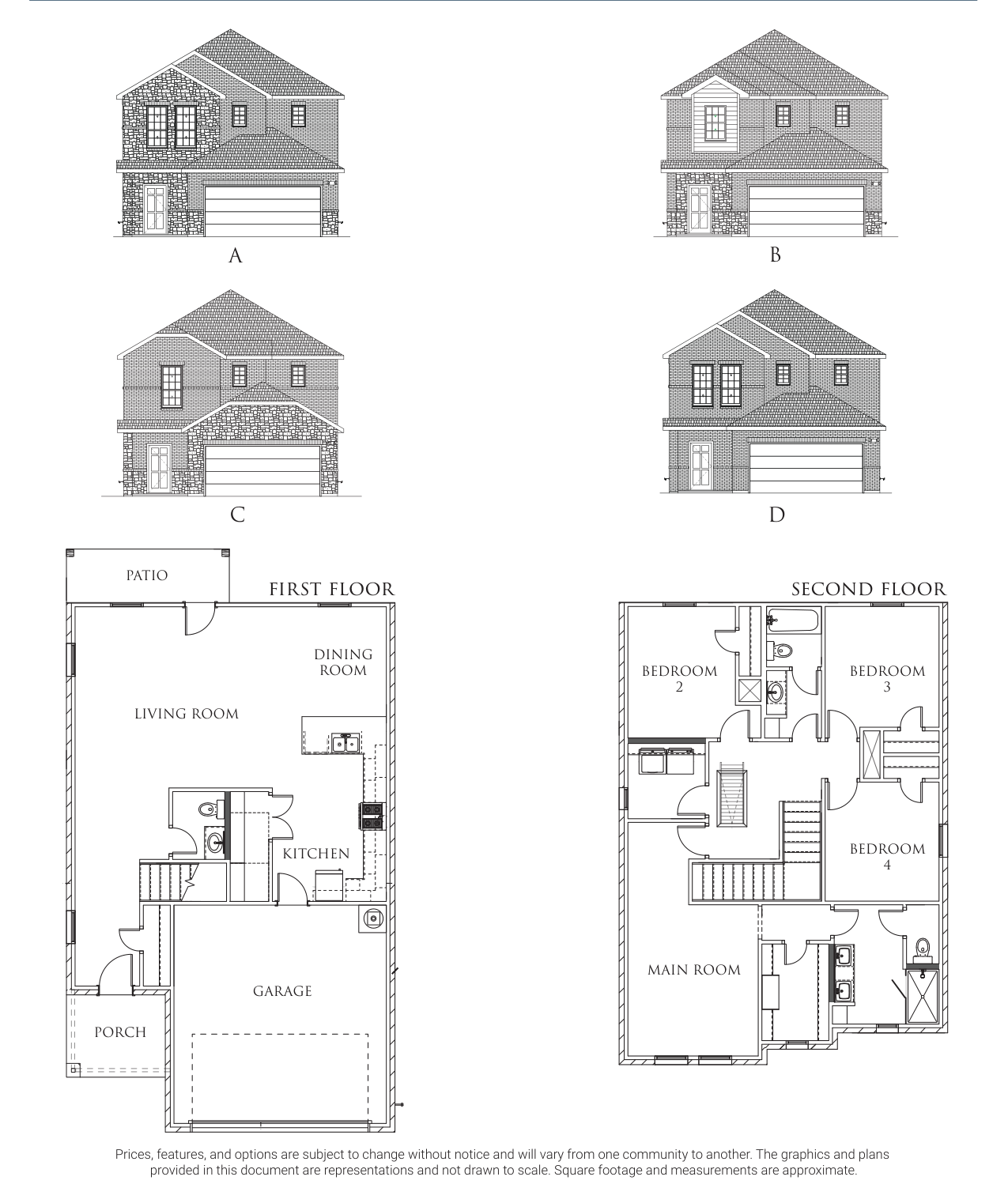 A set of four house plans labeled A, B, C, and D, with floor plans for the first and second floors.