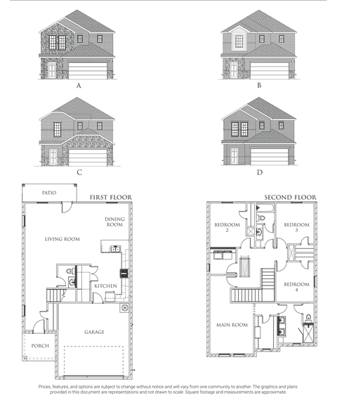 A set of four house plans labeled A, B, C, and D, with floor plans for the first and second floors.