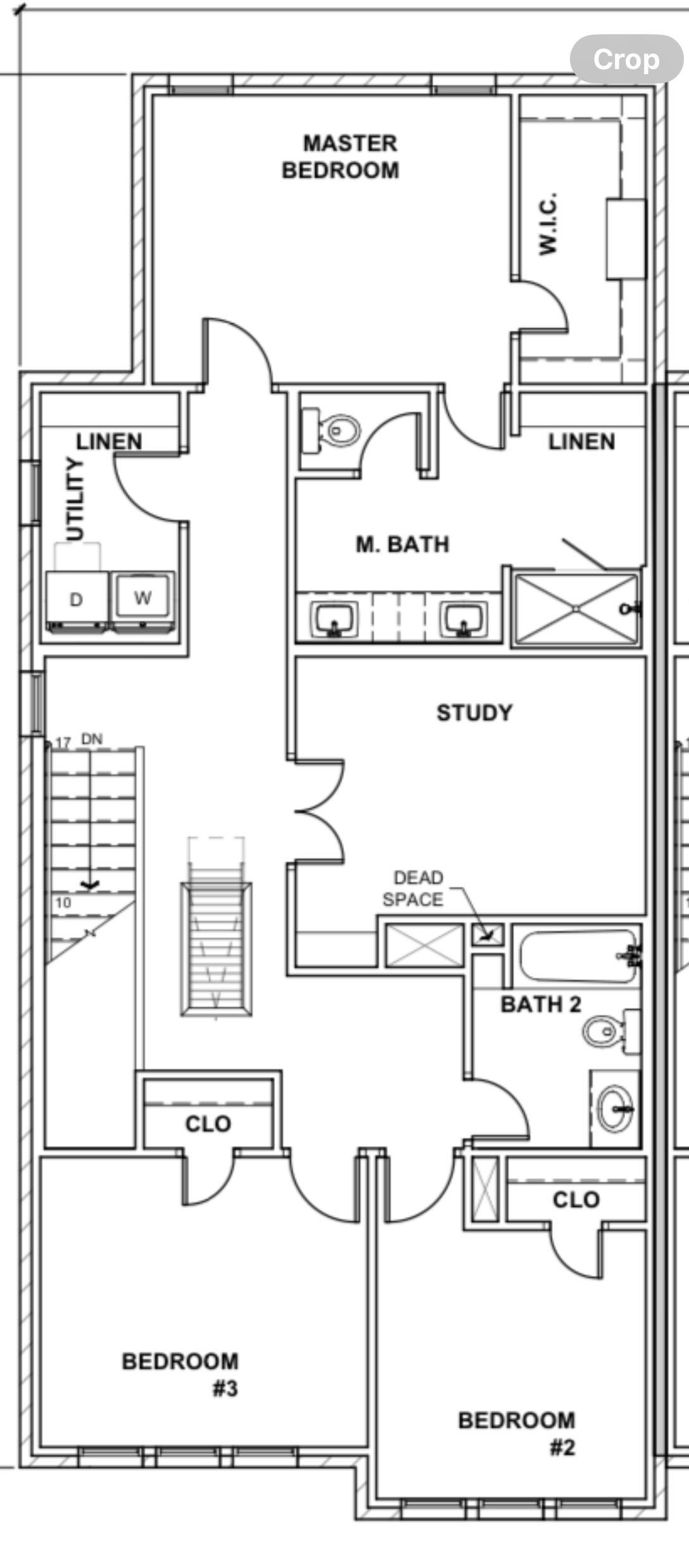 A floor plan of a house with a master bedroom, study, and two bathrooms.