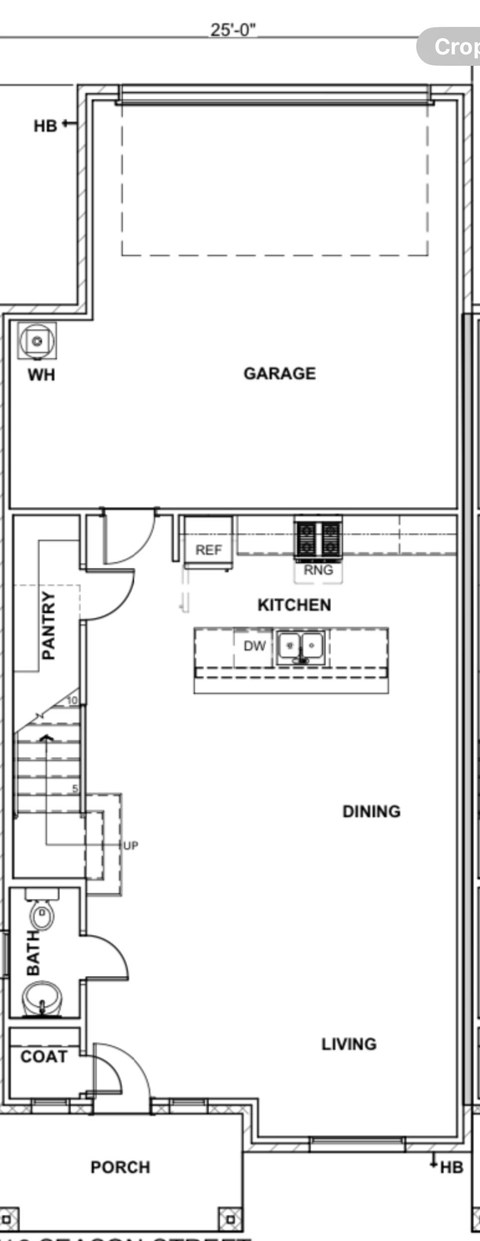 A floor plan of a house with a living room, dining room, kitchen, and garage.