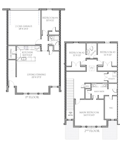 A floor plan of a two-story house with labeled rooms and dimensions.