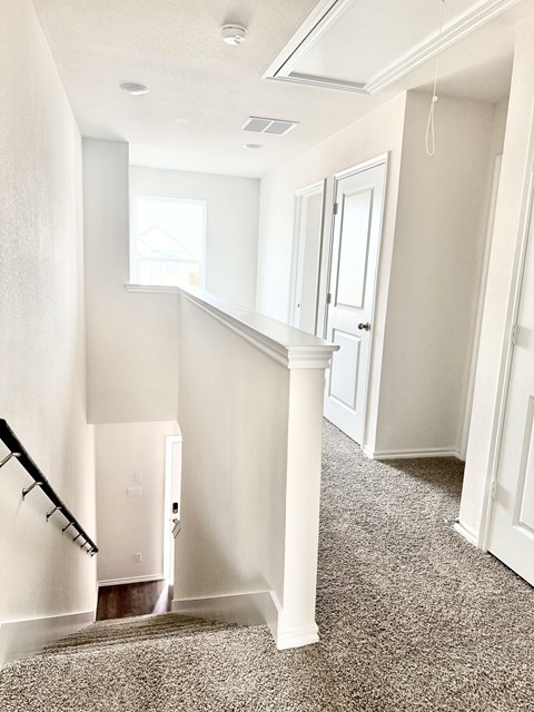 A hallway with a staircase and a door.