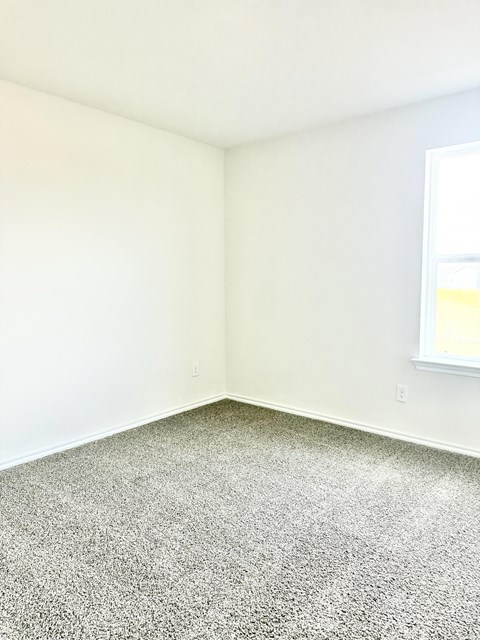 A room with a carpeted floor and a window.
