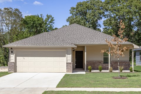 A house with a garage door and a tree in front.