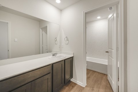 A bathroom with a sink and mirror.