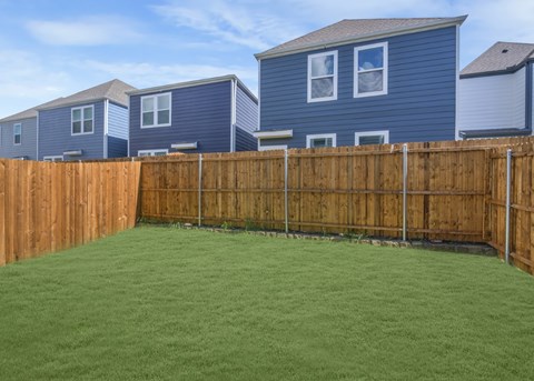 A backyard with a wooden fence and green grass.