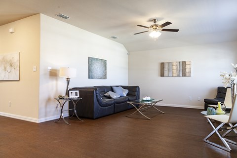 A living room with a black couch and a ceiling fan.