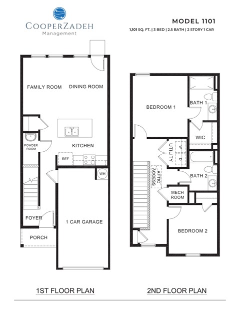 A floor plan for a Cooperzadeh Management model 1101 is displayed, showing the layout of the first and second floors.