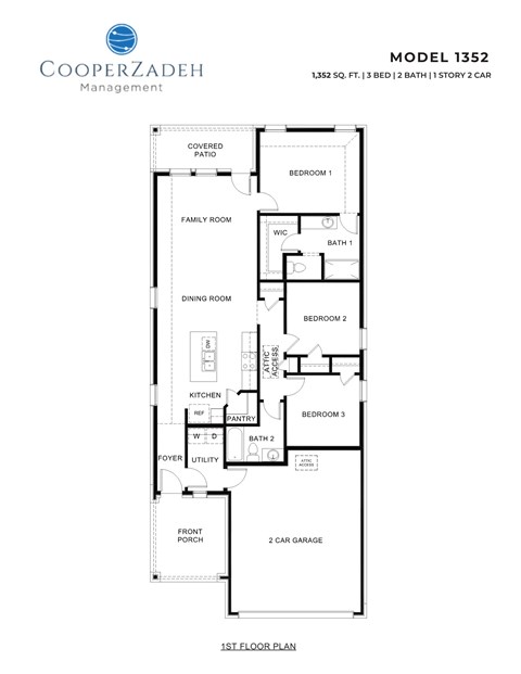 A floor plan for a CooperZadeh Management Model 1352 shows a 1,352 square foot, two-bedroom, two-bathroom home with a garage.