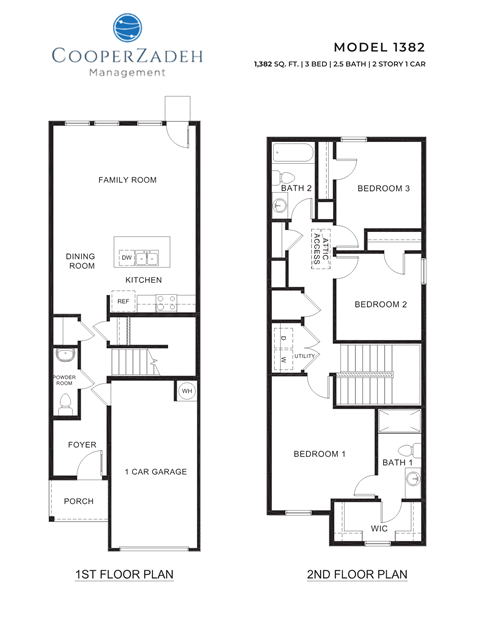 A floor plan for a Cooperzadeh Management Model 1382 shows the layout of the first and second floors.