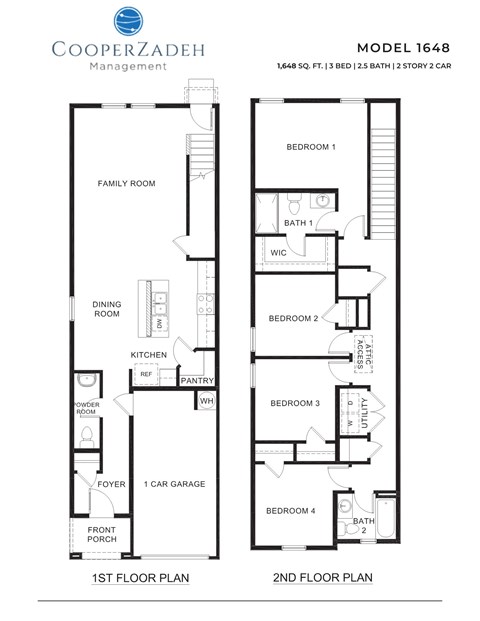 A Cooperzadeh Management house plan with two floors and a garage.