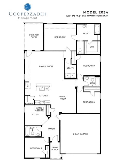 A floor plan for a Cooperzadeh Management Model 2034, a 2,034 square foot, 4 bedroom, 2 bathroom condo.