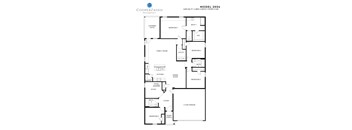 A floor plan for the Cooperzadeh Management Model 2034 shows a layout with a covered patio, family room, kitchen, dining room, and multiple bedrooms.