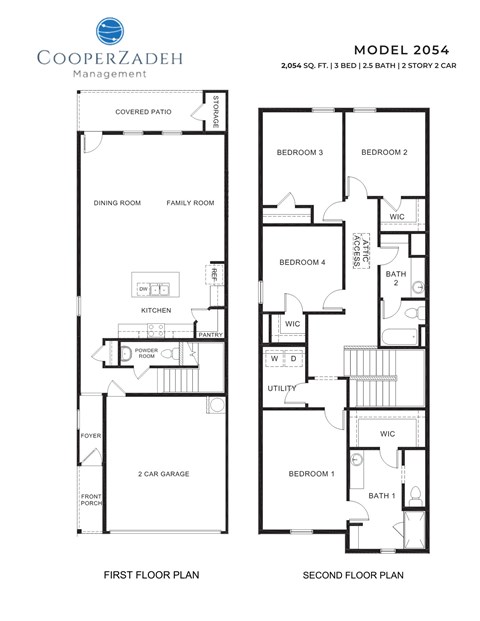 A floor plan for the CooperZadeh Management Model 2054 is displayed, showing the layout of the first and second floors.
