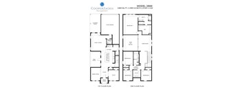 A floor plan for a CooperZadeh Model 2860 home, which includes two bedrooms, two bathrooms, a garage, and a covered patio.