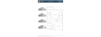 A drawing of a house with four different views and a floor plan.