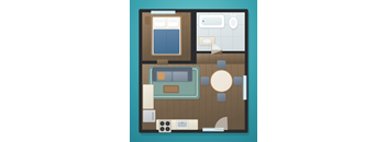 A graphic representation of a small room with a bed, a desk, and a chair.