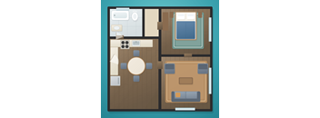 A graphic layout of a room with a bed, a couch, a table, and a toilet.