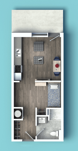 A floor plan of a small apartment with a bedroom, living room, and kitchen.