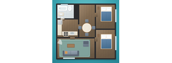 A graphic layout of a house with a kitchen, living room, and two bedrooms.