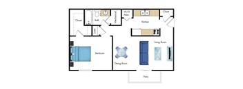 A floor plan of a house with a bedroom, living room, dining room, kitchen, and bathroom.