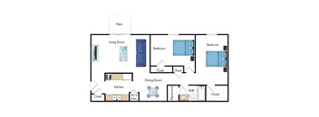 A floor plan of a house with a living room, dining room, kitchen, bedrooms and bathrooms.