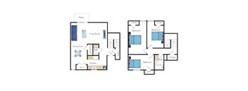 A floor plan of a house with a patio, living room, dining room, kitchen, and three bedrooms.