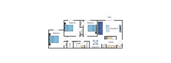 A floor plan of a house with three bedrooms, a bathroom, a kitchen, a dining room, a living room, and a patio.