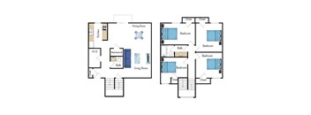 A floor plan of a house with a kitchen, dining room, living room, and bedrooms.