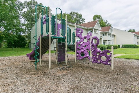 A playground with a slide and climbing frame.