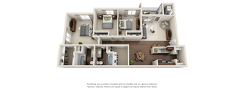 A 3D rendered image of a house layout with a bear plushie on the kitchen counter.