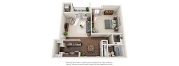 A 3D floor plan of a house with a kitchen, living room, and bathroom.