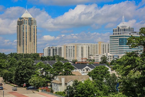 A cityscape with a mix of residential and commercial buildings.