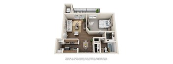 A 3D floor plan of a small apartment with a kitchen, living room, and bedroom.